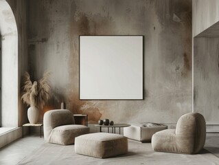 minimalist living room with large blank canvas on a textured wall, illuminated by natural light from window.