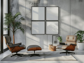 minimalist living room with large blank canvas on a textured wall, illuminated by natural light from window.
