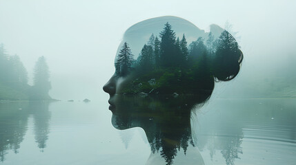 Double exposure of a woman head with forest landscape in the background