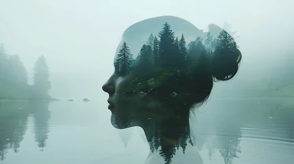 Gordijnen Double exposure of a woman head with forest landscape in the background © sulvector