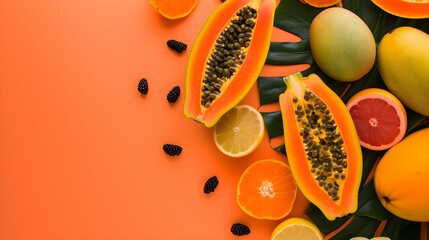 Fresh ripe papaya and other fruits on orange background, flat lay