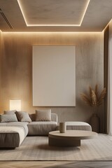 minimalist living room with large blank canvas on a textured wall, illuminated by natural light from window.