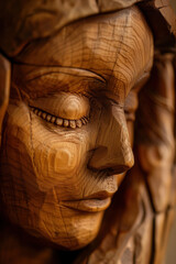 Fototapeta na wymiar Evoking a sense of timeless beauty, the intricate wooden sculpture of a serene female face is expertly carved.