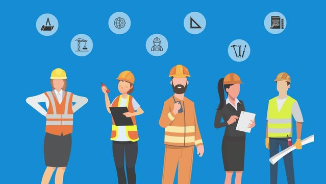 Cartoon Animation of Group of construction workers and Engineers Standing Together with Building Icons. Builders Occupation Team on blue background 