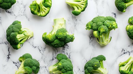 Fresh green broccoli on white marble background, top view, flat lay