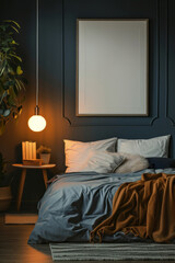 Comfortable and cozy bedroom interior at night with warm lighting, featuring an inviting bed and a blank frame on a dark wall.