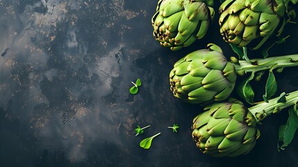 Obraz premium Fresh Artichokes on Dark Table: Minimalistic and Emotional Flat Lay