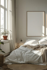 A serene bedroom interior in morning light, featuring a large blank picture frame above the bed, ready for artwork.