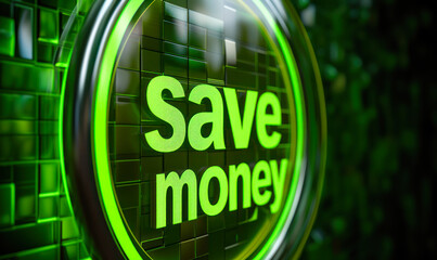 3D illustration of a vibrant green button with the phrase save money encouraging financial prudence, budgeting, and cost saving in personal finance management