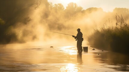 Fly Fisherman Fishing in a Misty River in the morning