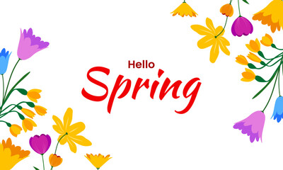 Hello spring background design with colorful floral elements. Spring graphic template for banner, poster, card. Vector illustration