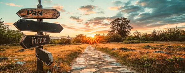 Crossroad signpost with Past and Future directions against a clear sky, symbolizing decision making, time progression, and life choices