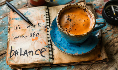 Concept of work life balance represented with a notepad filled with related words next to a blue coffee cup and pen on a wooden table - obrazy, fototapety, plakaty