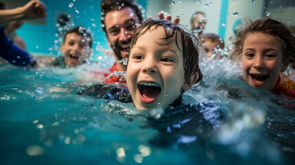 a blast during a swimming lesson, their laughter and excitement echoing through the pool area as they learn and practice new swimming techniques