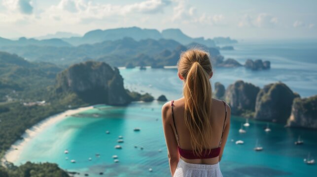A young woman stands with her back and admires the view of the sea and mountains. A traveler traveling on vacation in the most beautiful place in the world. Summer vacation