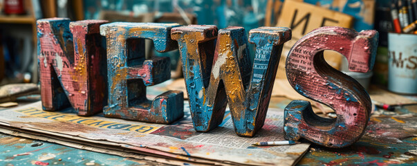 Block letters spelling NEWS on a newspaper background, symbolizing the dissemination of information and the importance of staying informed with current events