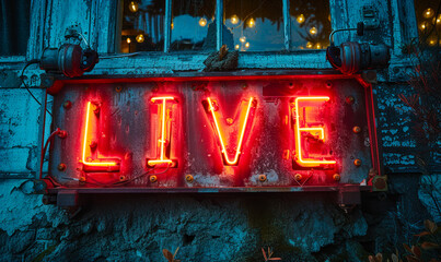 Red LIVE neon sign glowing brightly against a rough, dark, textured wall, symbolizing instant broadcasting or real time media streaming