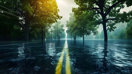Flooded roads due to flood, natural disaster. Natural disaster concept, nature, element. - obrazy, fototapety, plakaty