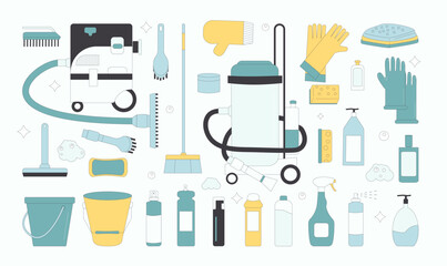 Cleaning tools set isolated on white background. Season wash home items and equipment collection. Vacuum, gloves and brushes with bottles for cleanup. Vector flat with outline illustration