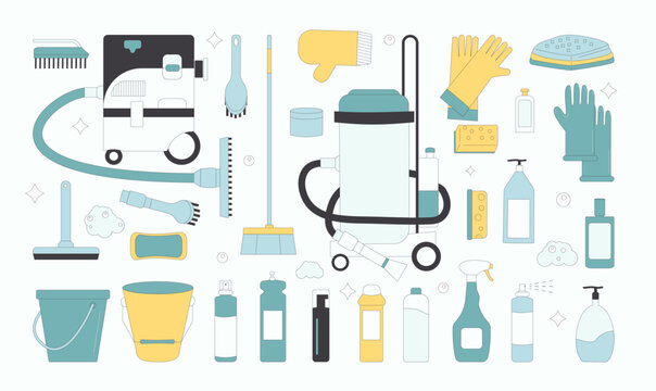 Cleaning tools set isolated on white background. Season wash home items and equipment collection. Vacuum, gloves and brushes with bottles for cleanup. Vector flat with outline illustration