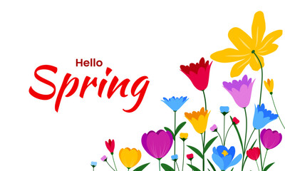 Hello spring background design with colorful floral elements. Spring graphic template for banner, poster, card. Vector illustration