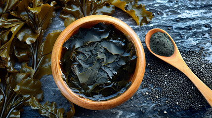 Kelp and spirulina algae in a wooden plate on a green flan, top view