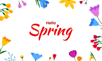 Obraz premium Hello spring background design with colorful floral elements. Spring graphic template for banner, poster, card. Vector illustration