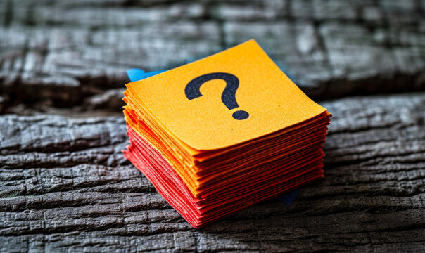 Stack of colorful sticky notes on wooden background with a prominent blue note featuring a black question mark symbolizing inquiry and curiosity