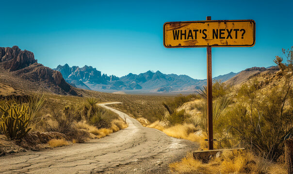 A yellow road sign stands under a clear sky, asking WHAT'S NEXT? against the backdrop of a winding desert road, symbolizing uncertainty and future possibilities
