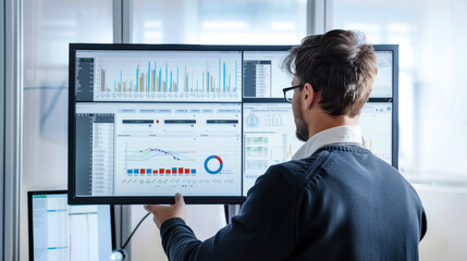 Fototapeta premium Financial analysts use KPI Dashboard on a virtual screen to analyse financial data with technology