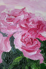 Beautiful pink roses. Original oil painting illustration. Hand painted brush strokes texture.