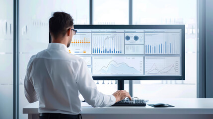 Financial data analysis using technology. The analyst uses a computer and data management system with KPI Dashboard
