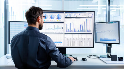 Financial analysts use KPI Dashboard on a virtual screen to analyse financial data with technology