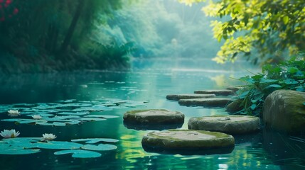 Enchanted scene featuring a pond, stones submerged in water, and a forest backdrop - obrazy, fototapety, plakaty
