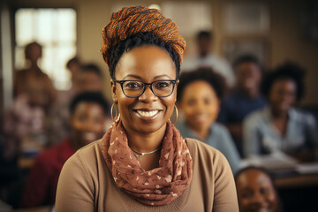 a mature african-american woman teacher looks at the camera against the background of the students' children