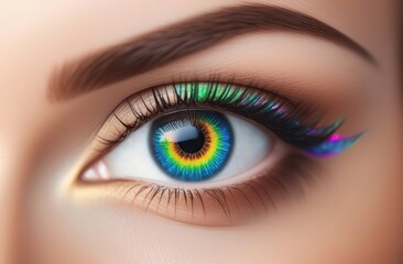 Close up cropped view of eye of woman with rainbow pupil, happiness --no colored shadows on eyelids