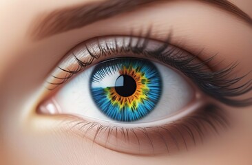 Fototapeta premium Close up cropped view of eye of woman with rainbow pupil, happiness --no colored shadows on eyelids
