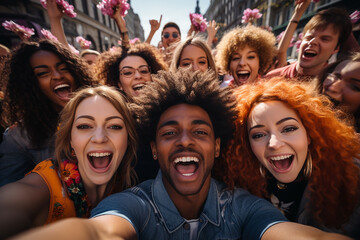 a group of friends are happy and laughing while taking a photo together - obrazy, fototapety, plakaty