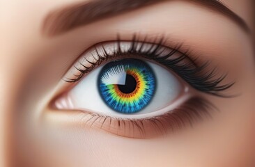 Close up cropped view of eye of woman with rainbow pupil, happiness --no colored shadows on eyelids