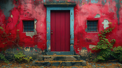 Maroon Door in an Ancient Wall: Wood Creaking