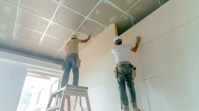 Drywall installation work in progress by construction workers at construction room. easiest and cheapest way to do partition for interior wall. New home for under construction. protection building