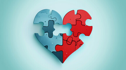 An illustration of two interlocked puzzle pieces forming a heart with love or valentine day concept on a blue background.