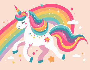 Illustration of a cute unicorn jumping on a rainbow