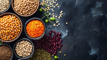 Different types of legumes banner top view - obrazy, fototapety, plakaty
