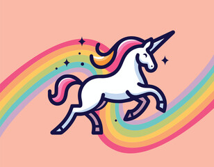 Illustration of a cute unicorn jumping on a rainbow, vector image of 10 colors, suitable for silk screen printing