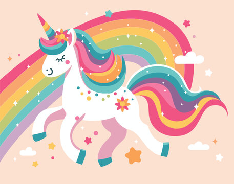 Illustration of a cute unicorn jumping on a rainbow