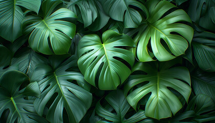 Fototapeta na wymiar Lush monstera leaves arranged in a dense, green tropical foliage pattern.