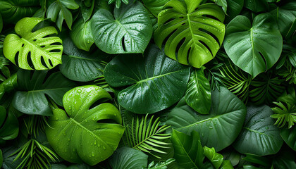 Lush monstera leaves arranged in a dense, green tropical foliage pattern.