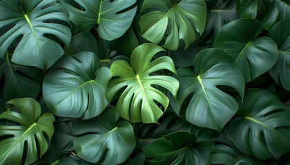 Lush monstera leaves arranged in a dense, green tropical foliage pattern.