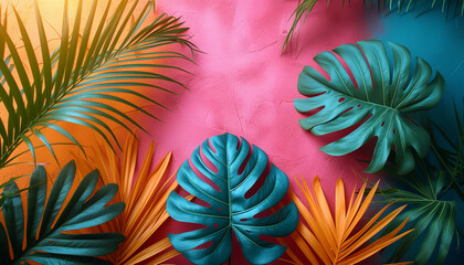 A vibrant array of tropical leaves in shades of teal against a gradient orange background.